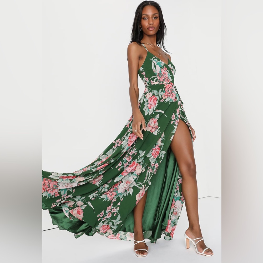 Lulus Elegantly Inclined Green Floral Print Wrap Maxi Dress